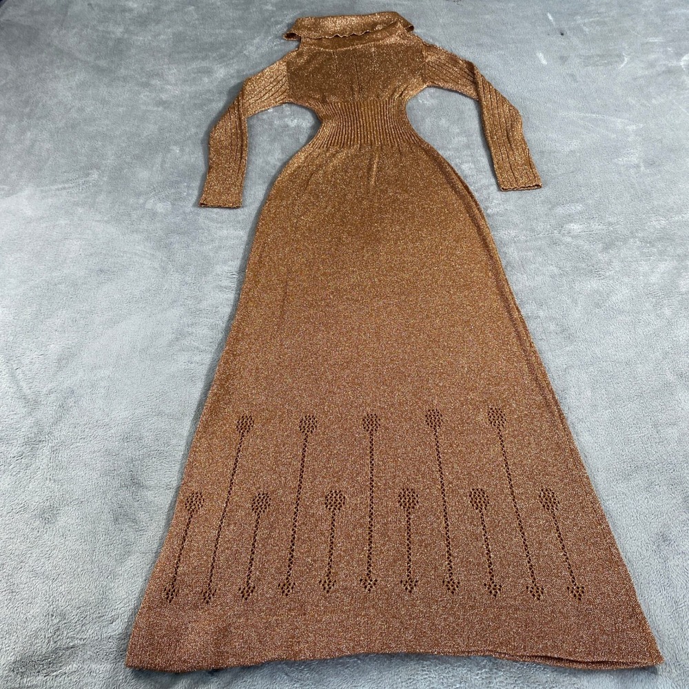 Vintage Wenjilli Maxi Dress Women 7/8 Metallic 70s Turtleneck Lurex Knit Gown‎